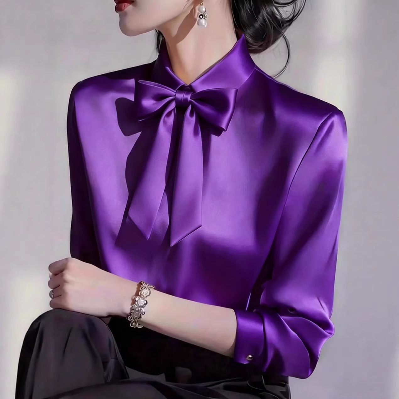 Blusa de satén para mujer con  - Satin Bow Tie reseña y precio