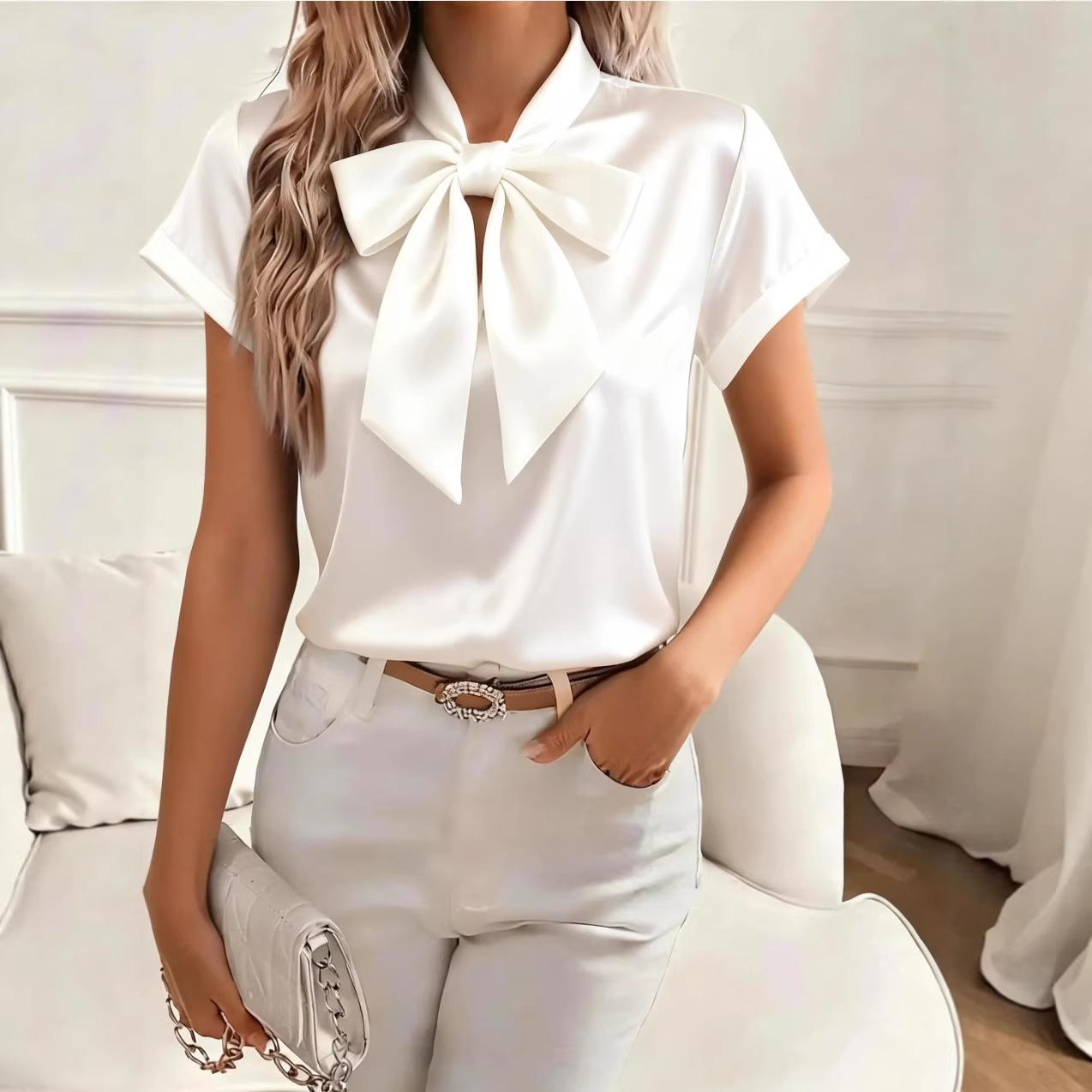 Blusa de satén para mujer con  - Satin Bow Tie reseña y precio