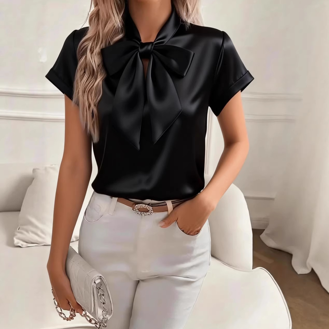 Blusa de satén para mujer con  - Satin Bow Tie reseña y precio